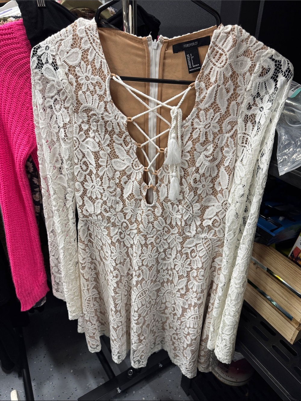 Forever 21 Cream Lace Long-Sleeve V-Neck dress with Lace-Up Front Sz small
